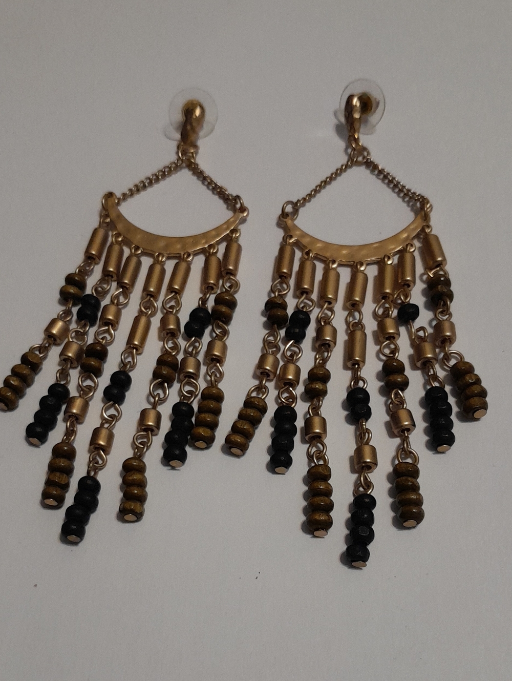 Gold and Black Beaded Fringe Drop Earrings - Women Jewelry